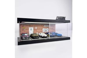 Bivitre 1/64 Model Car Display Case - Compatible with Hot Wheels Matchbox Mini GT Diecast Cars,Acrylic Box for Toy Cars Display Décor and Storage,Stackable Garage Diorama with LED Lights(1T-RedBrick)