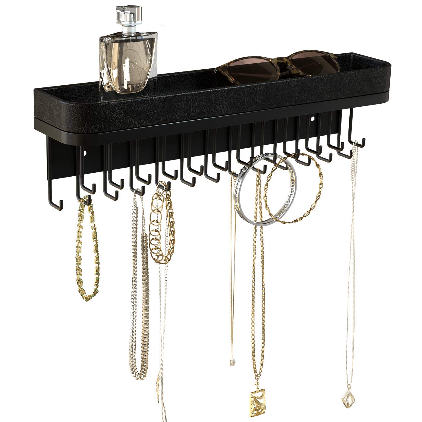 JackCubeDesign Hanging Jewellery Organiser Necklace Hanger Bracelet Holder Wall Mount Necklace Organiser with 25 Hooks(Black/41.6 x 12.4 x 7.4 cm) - MK124B