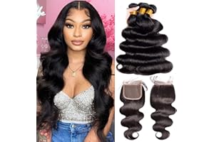 FHEAICR Human Hair, 22 20 18 with16 Body Wave Bundles with Closure 10A Unprocessed Brazilian Virgin Hair Bundles with Closure 3 Bundles and Closure (150% Density Free Part)