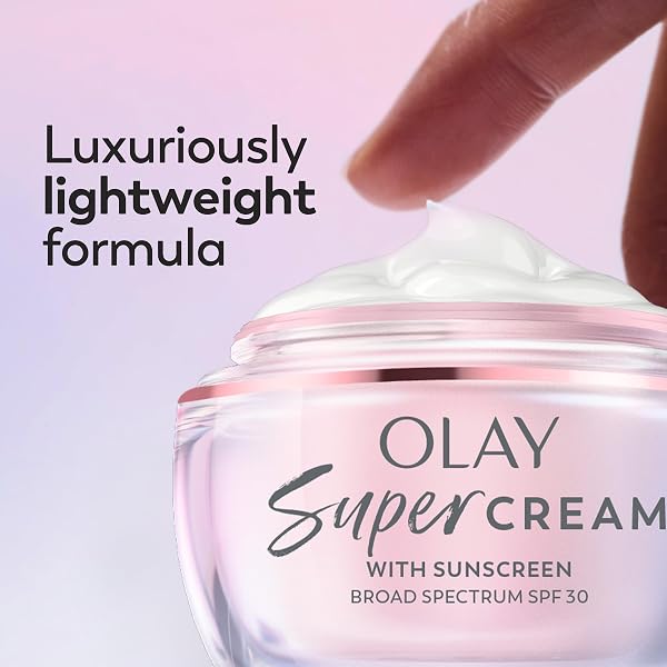 OLAY SUPER CREAM WITH SUNSCREEN SPF 30, LIGHTWEIGHT FACE MOISTURIZER WITH SUN PROTECTION, 5-IN-1 SKIN CARE BENEFITS – HYDRATING, BRIGHTENING, FIRMING – NIACINAMIDE, VITAMIN C, COLLAGEN PEPTIDE, 1.7 OZ