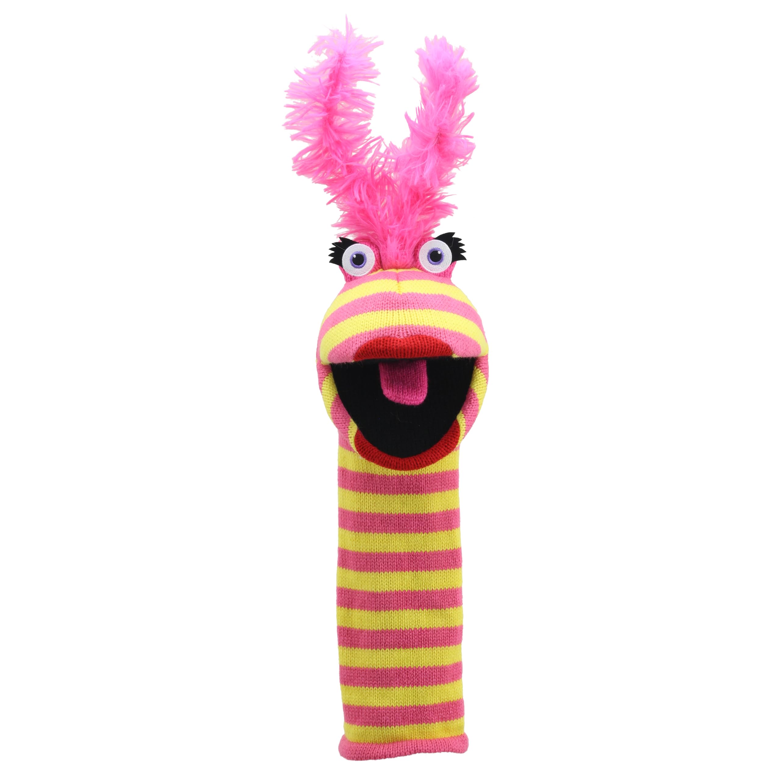 The Puppet Company Lipstick Sockette - Colourful, Eco-Friendly Hand Puppet with Bold Pink & Yellow Design, Red Lips & Feathered Headpiece - Fun, Interactive & Made from Recycled Materials - 38cm