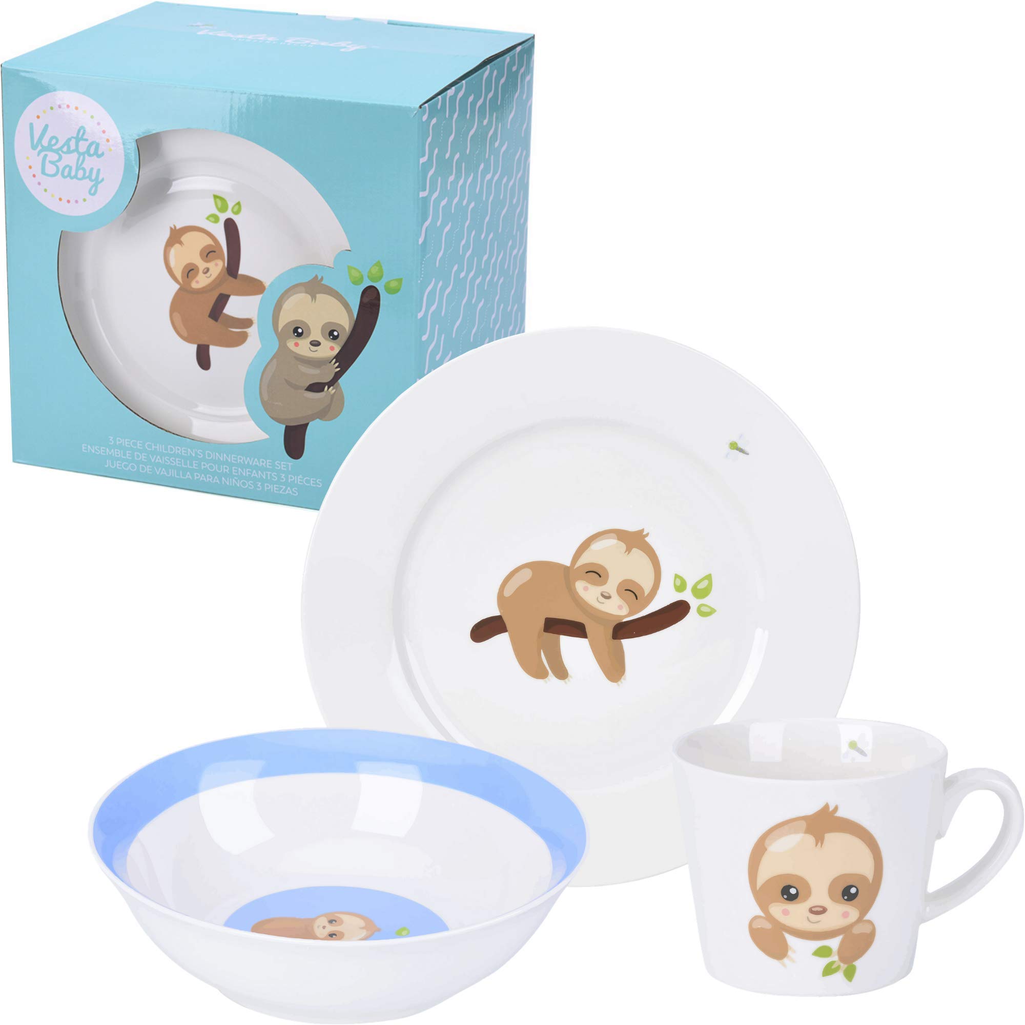 3 Piece Childrens Dinnerware Set - Durable Vegan New Bone China Kids First Ceramic Tableware - Cute Sloth Plate, Mug and Bowl Gift for Boys, Girls, Keepsake