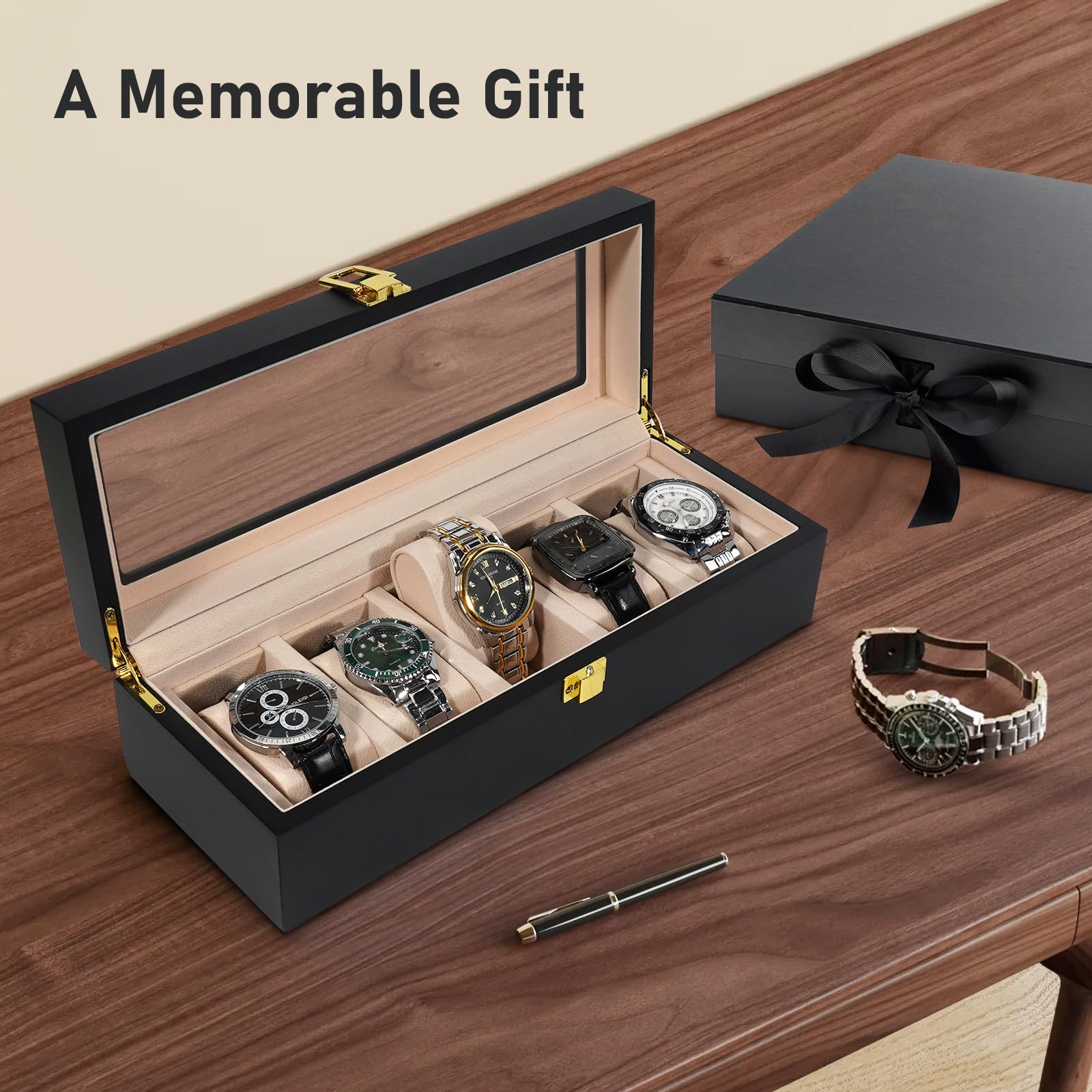 Vockow Wooden Watch Storage Box - 5 Slot Watch Display Case for Men Women | Watch Holder Organizer fit Watches with Dial Size up to 52 mm Black