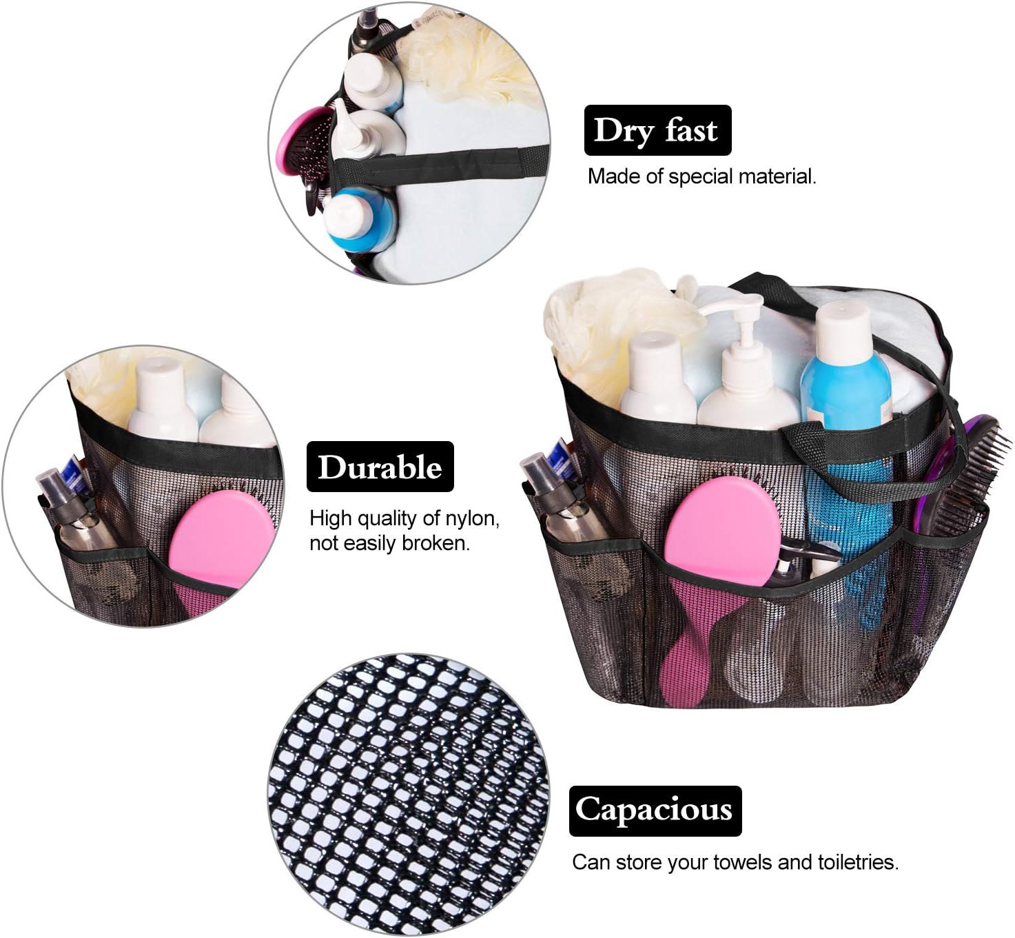Attmu Mesh Shower Caddy, Quick Dry Tote Bag Oxford Hanging Toiletry and Bath Organizer with 8 Storage Compartments for Shampoo, Conditioner, Soap and Other Bathroom Accessories, Black: Home & Kitchen