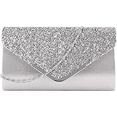 Queena Womens Shiny Glitter Evening Clutch Envelope Handbag Chain Purse for Wedding Party Prom Gift for Mom Wife Girlfriend Silver