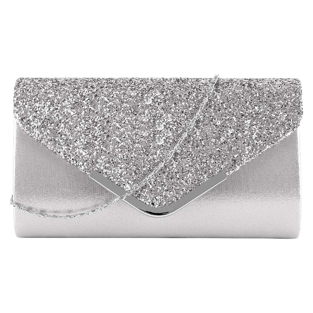 MEGAUK Women's Clutch Glitter Elegant Evening Bag Shiny Handbag Envelope Bag Rhinestone Clutch Bag with Chain for Wedding Prom Party, Fashion silver, One Size