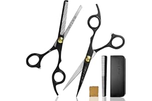 ONTAKI Hair Cutting Scissors Thinning Shears Kit - 7” Overall Length Professional Hair Scissors Set - Japanese Steel Hair Shears with 1 Comb & Pouch - Razor Edge Barber Scissors for Men & Women Black