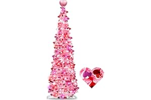 TURNMEON Valentines Day Decorations 5Ft Pink Valentines Christmas Tree with Lights Timer Battery Operated Pop Up Artificial Tree with Heart Ornaments, Heart Topper Decorations for Indoor Home Outdoor Office