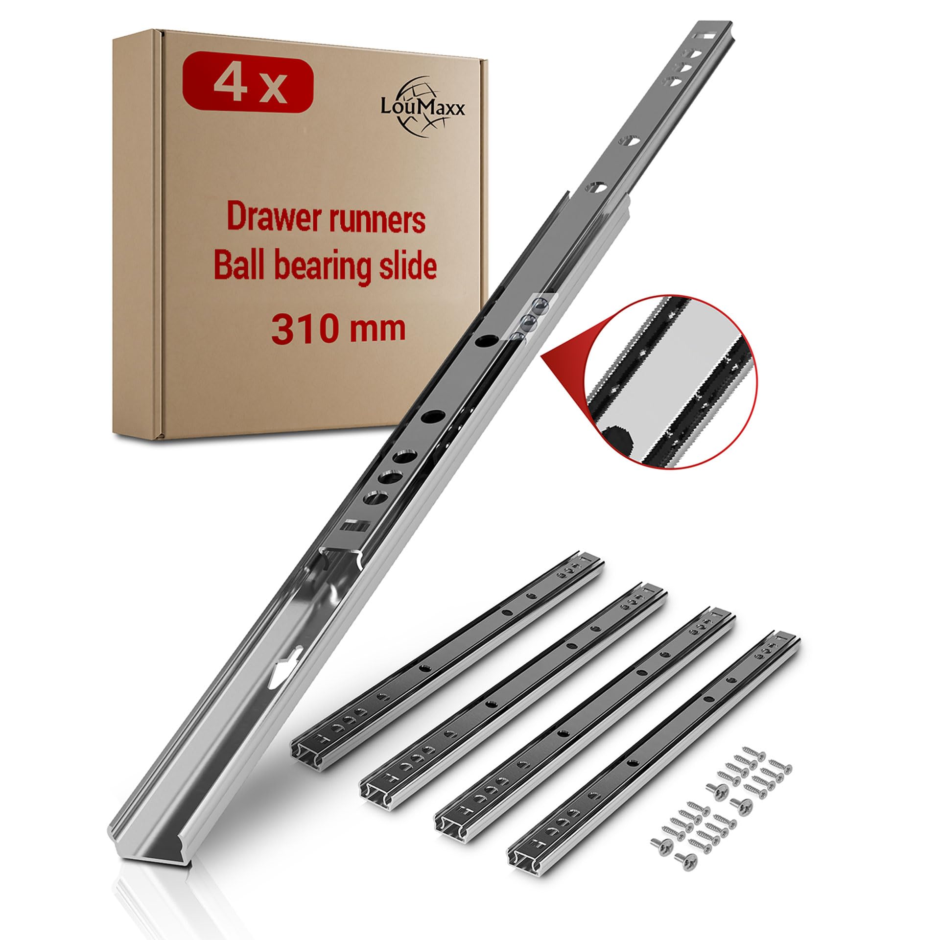 LouMaxx Drawer Runners 17mm Groove [4 Pack] - 310mm Cabinet Drawer Slides - Ball Bearing Drawer Runners - Suitable Replacement IKEA, MFI - Screws Included