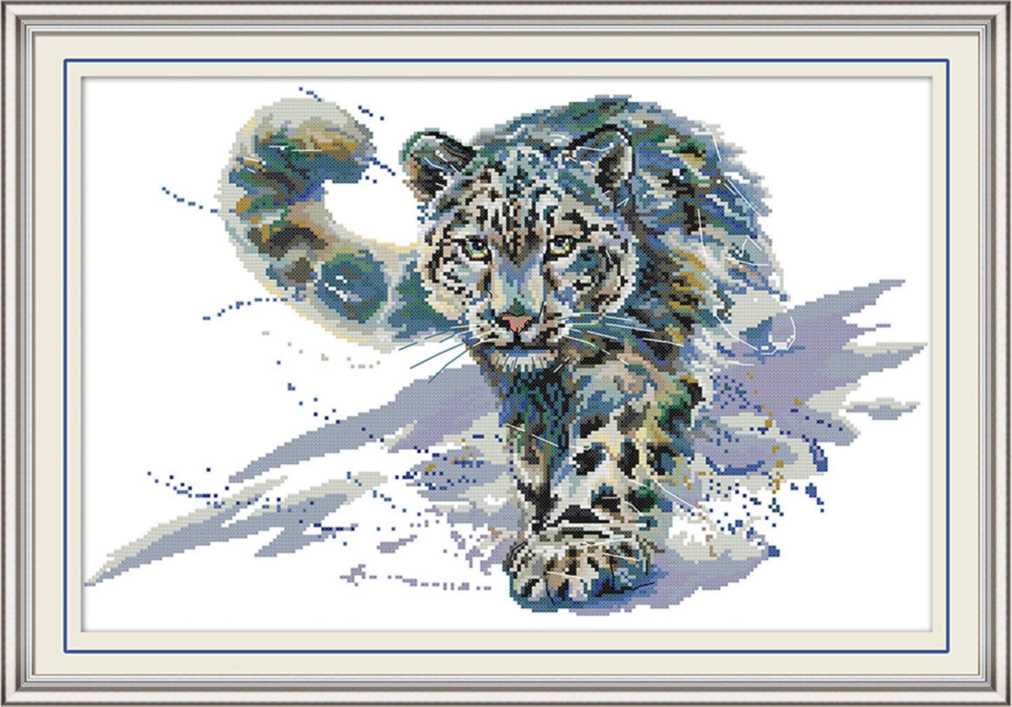 YEESAM ART Unstamped Cross Stitch Kits for Adults, Snow Leopard 14ct Counted Unprinted Embroidery Kit Needlework Wall Art Decor (Snow Leopard)