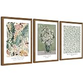JLTULT 3 Piece Vintage Sage Green Canvas Wall Art, Monet Van Gogh Matisse Wall Decor, Botanical Painting Artwork Prints for Living Room Bedroom Home Office 12X16 inch Wood Framed Easy to Hang