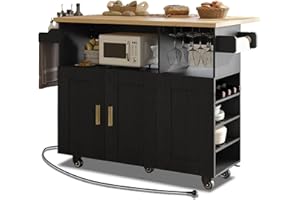 ASTRONAPE Rolling Mobile Kitchen Island Cart Bar with Desktop Drop Leaf Countertop, Island Table Storage with 5 Wheels, Rolling Kitchen Cabinet with Power Socket and Towel RacK (Black, With Counter Top)