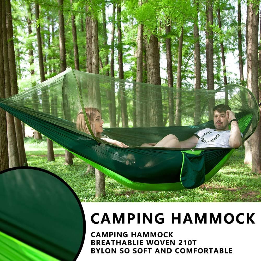 U/N Camping Hammock with Wide Lay Flat and Mosquito Net, Safe and Cozy, Durable Parachute Nylon Hanging Tent with Tree Straps, Portable Hammock for Outdoor, Indoor, Blue/Green: Sports & Outdoors