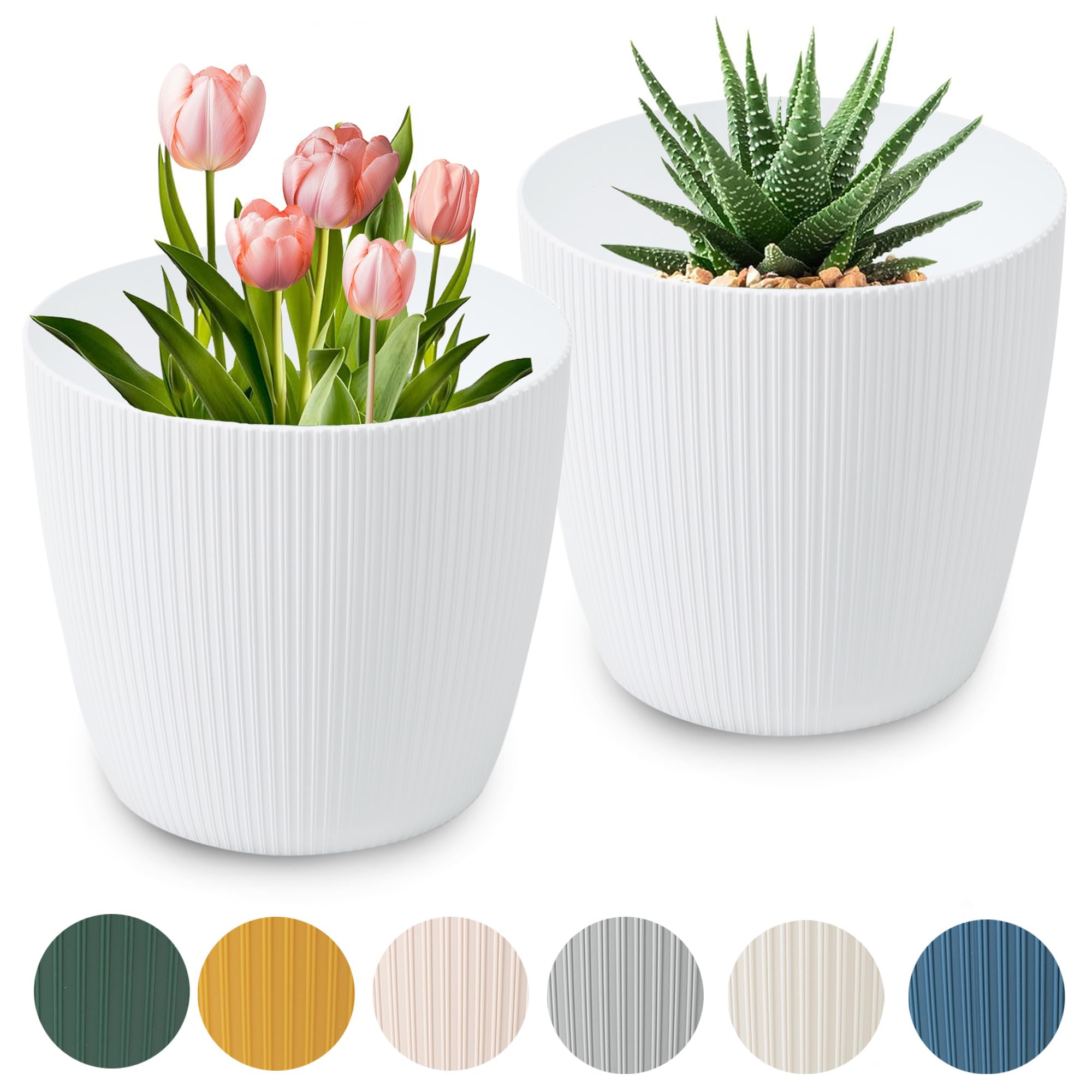 PECZEKO Matte Flower Pots, Decorative Plant Pot for Flowers and Herbs, Durable & Lightweight Round Plastic Plant Pots for Living & Dining Room, Kitchen, Patio, Balcony, Set of 2 (White, Diameter 11 cm