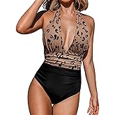 CUPSHE Women V Neck One Piece Swimsuit Halter Backless Ruched Tummy Control Bathing Suit