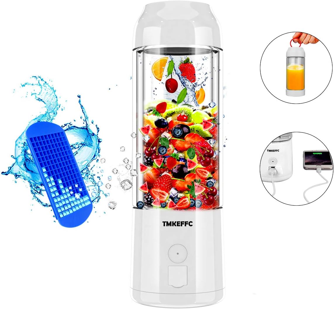Portable Juicer Cup USB Battery Operated Blender - Six Blades in 3D, 16 oz, 4000mAh Rechargeable Battery Power Bank, 480ml Fruit Mixing Machine with Ice Tray FDA BPA Free (White)