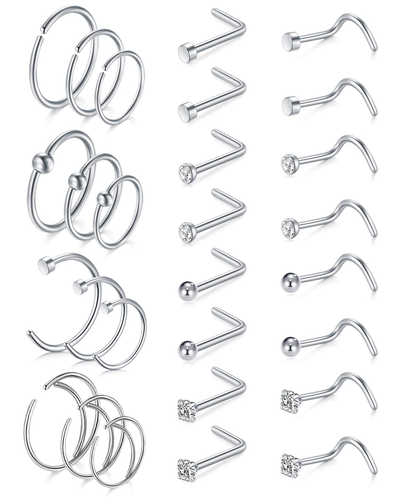 AceFun 20G Nose Rings Hoop L-Shaped Nose Studs Screw 28 pcs Silver Cartilage Helix Tragus Earrings High Nostril Piercing Jewelry CZ C-Shaped Septum Ring Set