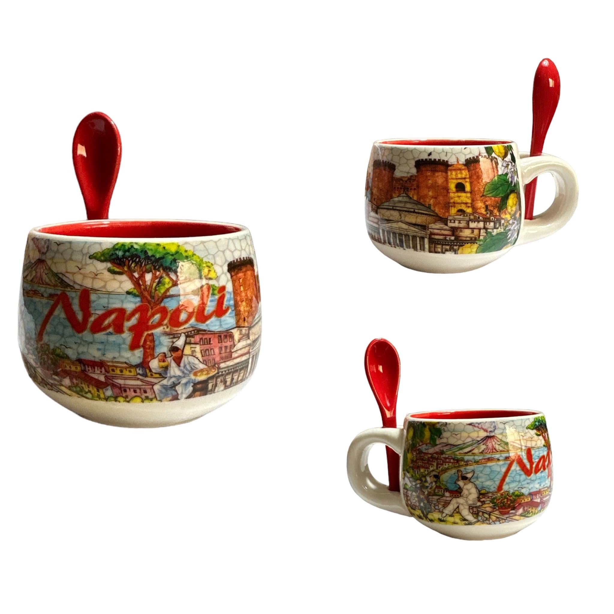 GMM Napoli Ceramic Coffee Cup with Spoon, Decorative, Souvenir Print Naples, Capacity 70 ml (5 cm)