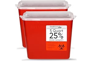 Oakridge Products Sharps Container for Home Use and Professional 5 Quart (2-Pack), Biohazard Needle and Syringe Disposal, Horizontal Drop Style Lid with levers, CDC Certified