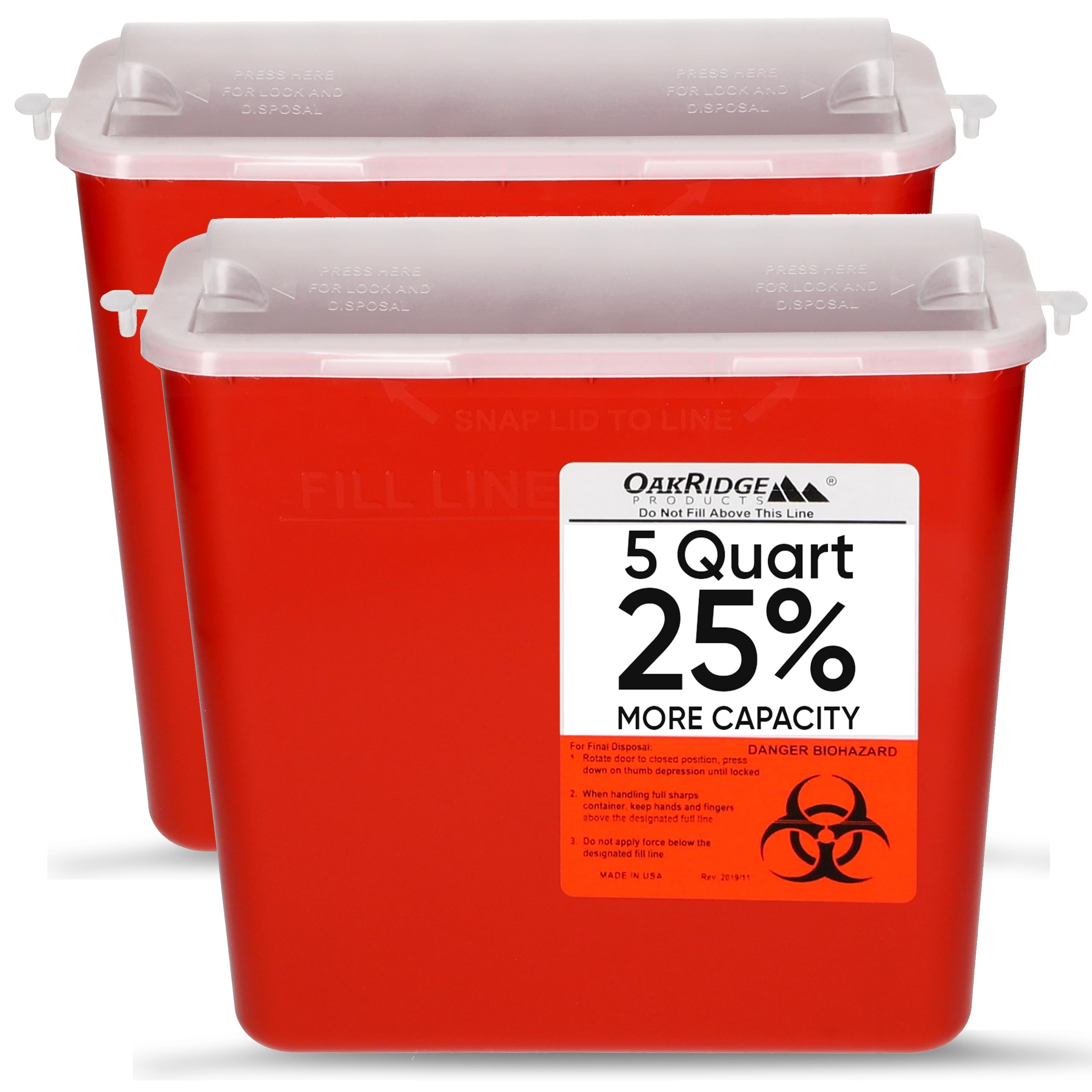 Photo 1 of ***PARTIAL SET ONLY ONE - PRICE ADJUSTED*** Oakridge Products Sharps Container for Home Use and Professional 5 Quart (2-Pack), Biohazard Needle and Syringe Disposal, Horizontal Drop Style Lid with levers, CDC Certified