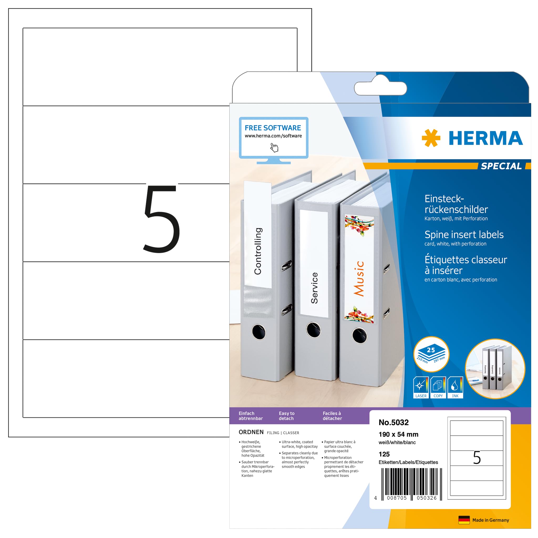 HERMA Spine Inserts with Micro-Perforation, 5 Labels per A4 Sheet, 25 Sheets, 190 x 54 mm, 125 Labels, Blank Lever Arch File Folder Insert Labels, Card Inserts for Laser & Inkjet Printer, White