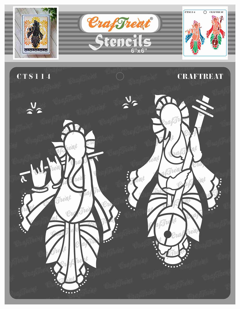 CrafTreat Reusable Indian Elephant God Stencils for Painting on Wood, Wall, Tile, Canvas, Paper, Fabric and Floor - Musical Ganesha 1-6x6 Inches - DIY Art and Craft Stencils - Indian God Stencils