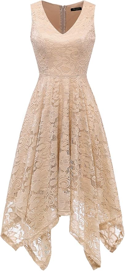 Meetjen レディース ヴィンテージ花柄レースドレス ハンカチ裾 アシンメトリー カクテルフォーマルスイングドレス Us サイズ X Small カラー ベージュ ワンピース チュニック 通販 Amazon