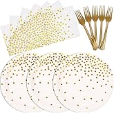 150 PCS White and Gold Paper Plates Napkins Forks Party Supplies Serves 50, Golden Dot Disposable Paper Dinnerware 9" Plates for Birthday, Bridal Shower, Bachelorette, New Year's Eve, Housewarming