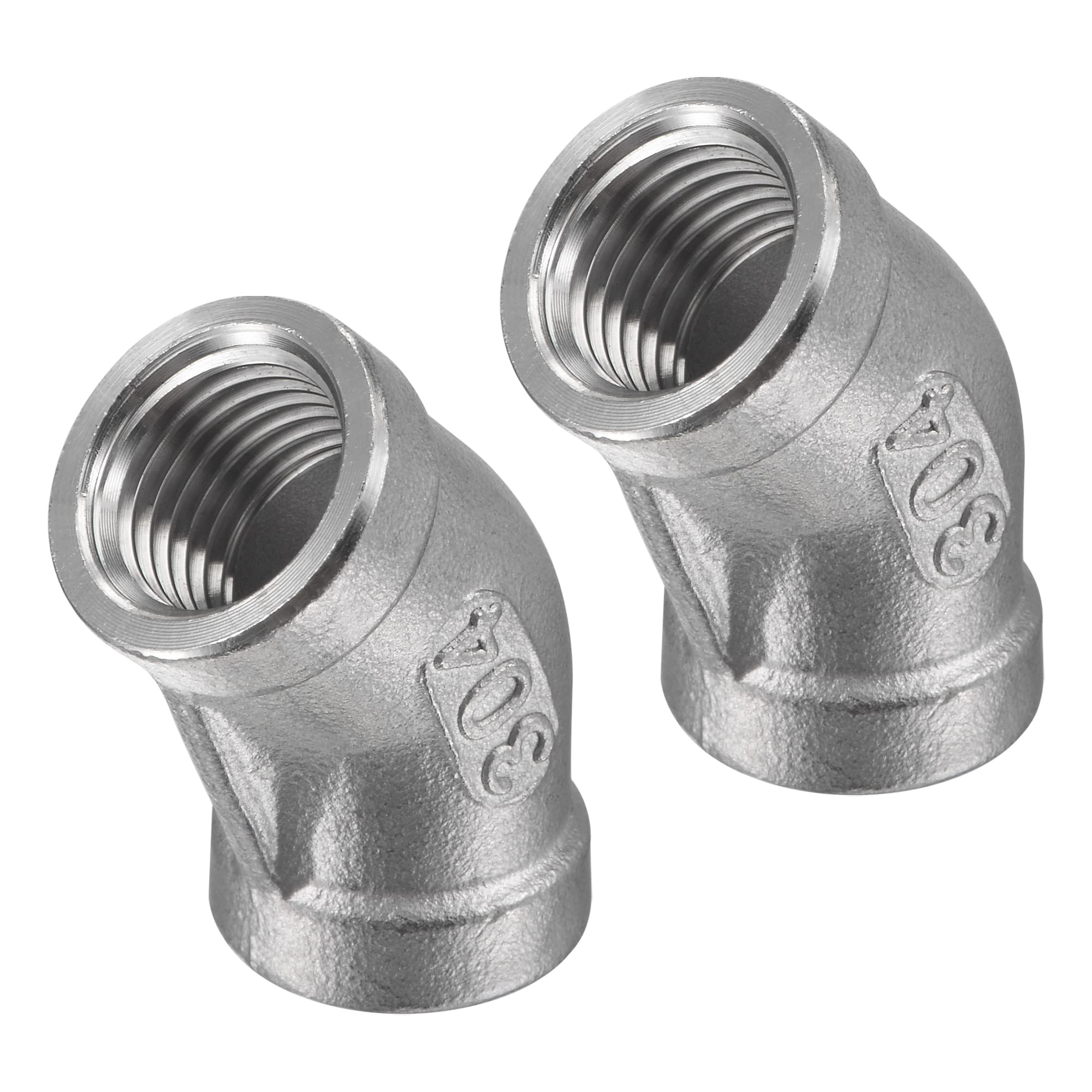 M METERXITY 2 Pack Female to Female Pipe Fitting Extension, 304 Stainless Steel 45 Degree Elbow Adapter, Apply to Outdoor/Garden/Industrial (1/4NPT Thread)