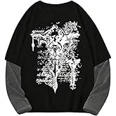 SOLY HUX Men's Graphic Tees Y2K Gothic Tops Long Sleeve Crewneck Color Block 2 in 1 T Shirt Vintage Streetwear Clothes