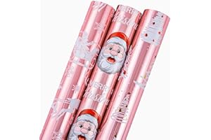 Yarcony Pink Christmas Wrapping Paper - 17In x 120In Per Roll (3 Rolls) - Girly Pastel Metallic Foil Trees, Santa, Winter Sled Design Christmas Girls Pink Gift Wrap for Winter Holiday Gift Packaging