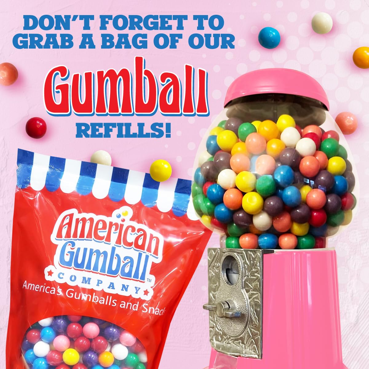 American Gumball Company - Metal 11-Inch Retro Style Pink Gumball Machine, Made for 0.62 Inch Gumballs, Candy or Nuts, Accepts Any US Coin