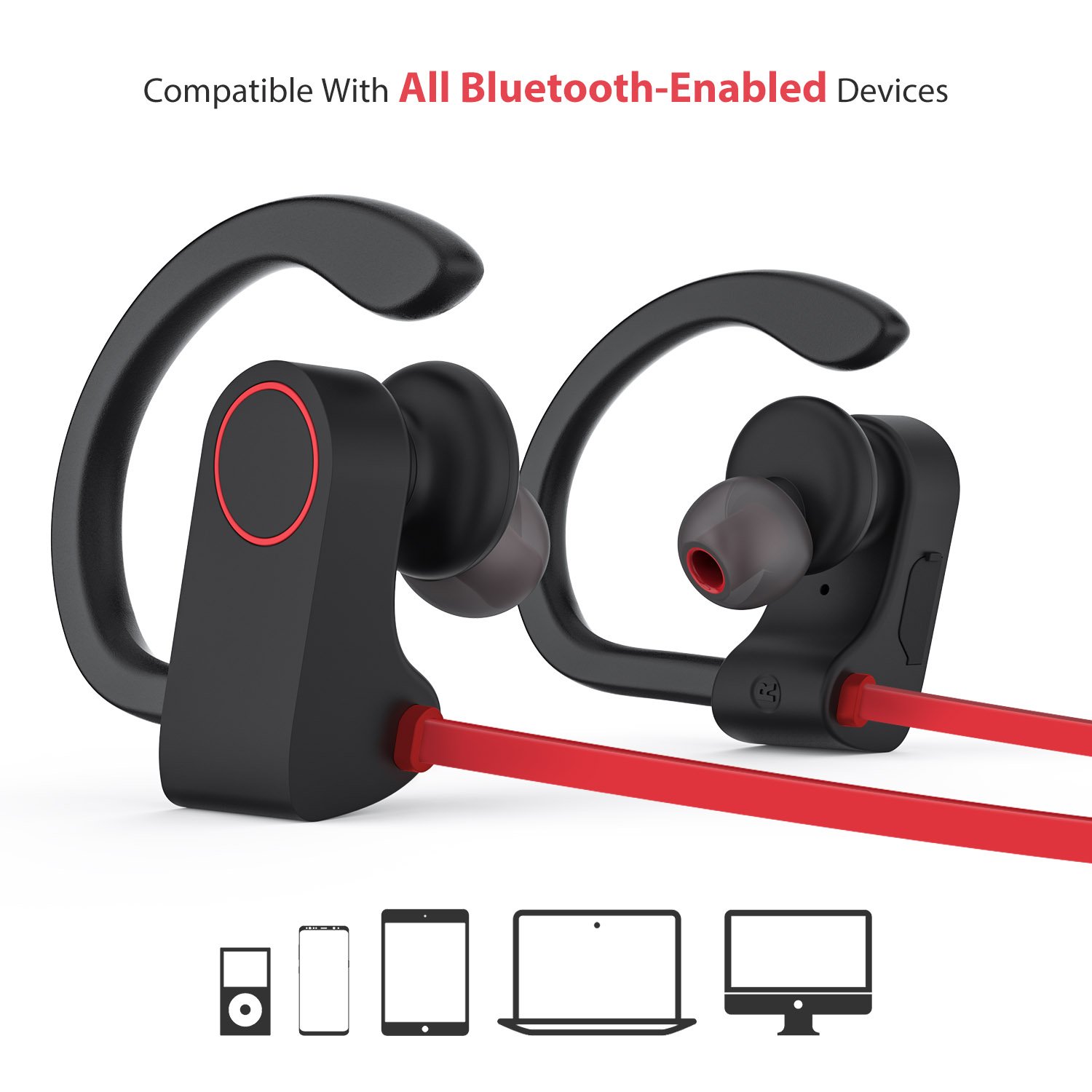 Sports Bluetooth Headphones, Wireless Sports Earphones with w Mic, Waterproof Sweatproof Earbuds for Gym Running - 8 Hour Battery, Noise Cancelling, Soft Security Hooks HD Stereo Headsets