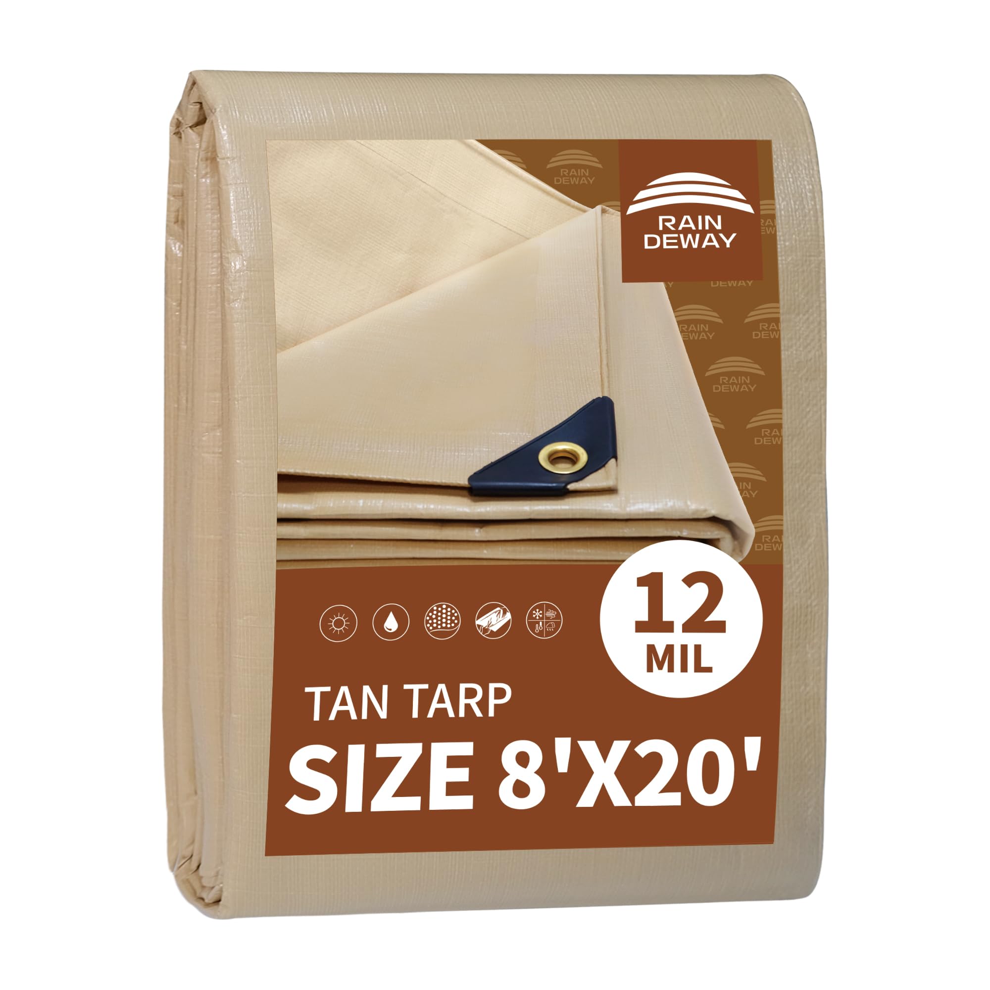 Photo 1 of RAINDEWAY 8x20 Feet Heavy Duty Tarp,12 Mil Tan Waterproof Poly Tarp Cover,UV Resistant,Weatherproof,Durable,Multipurpose Tarps with Grommets and Reinforced Edges