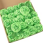 DuHouse 25Pcs Artificial Roses Flowers Fake Roses with Stems Real Touch Foam Flowers for DIY Wedding Bouquet Party Centerpiece Floral Arrangement Party Home Decor(Light Green)