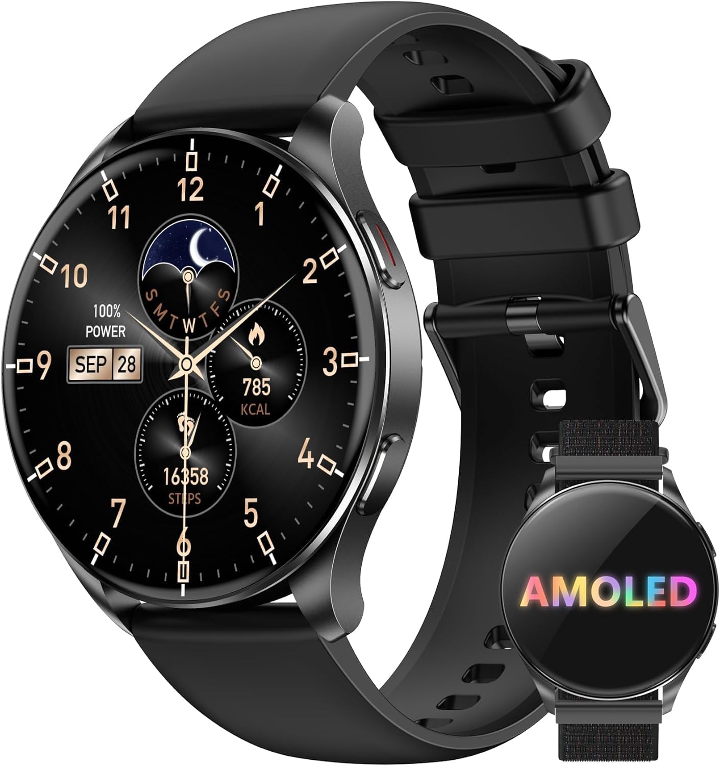 IOWODO Smartwatch Women Men 2025 (Round 1.43 Inch AMOLED), Bluetooth Calls + 380 mAh Battery (7 Days), 2 Bracelets, IP68 Waterproof, 100+ Sports Modes, 24/7 Pulse + SpO2 + Sleep Analysis, iOS/Android