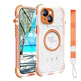 Evcing for iPhone 15 Waterproof Case Compatible with MagSafe, Translucent Slim IP68 Underwater Built-in Screen Protector, 12FT Military Grade, 360 Full Body Protective Cover 6.1 inch (Orange)