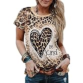 Be Kind Leopard T Shirt Animal Leopard Heart Graphic Blessed Shirt Women Inspirational Teacher Short Sleeve Tees Tops