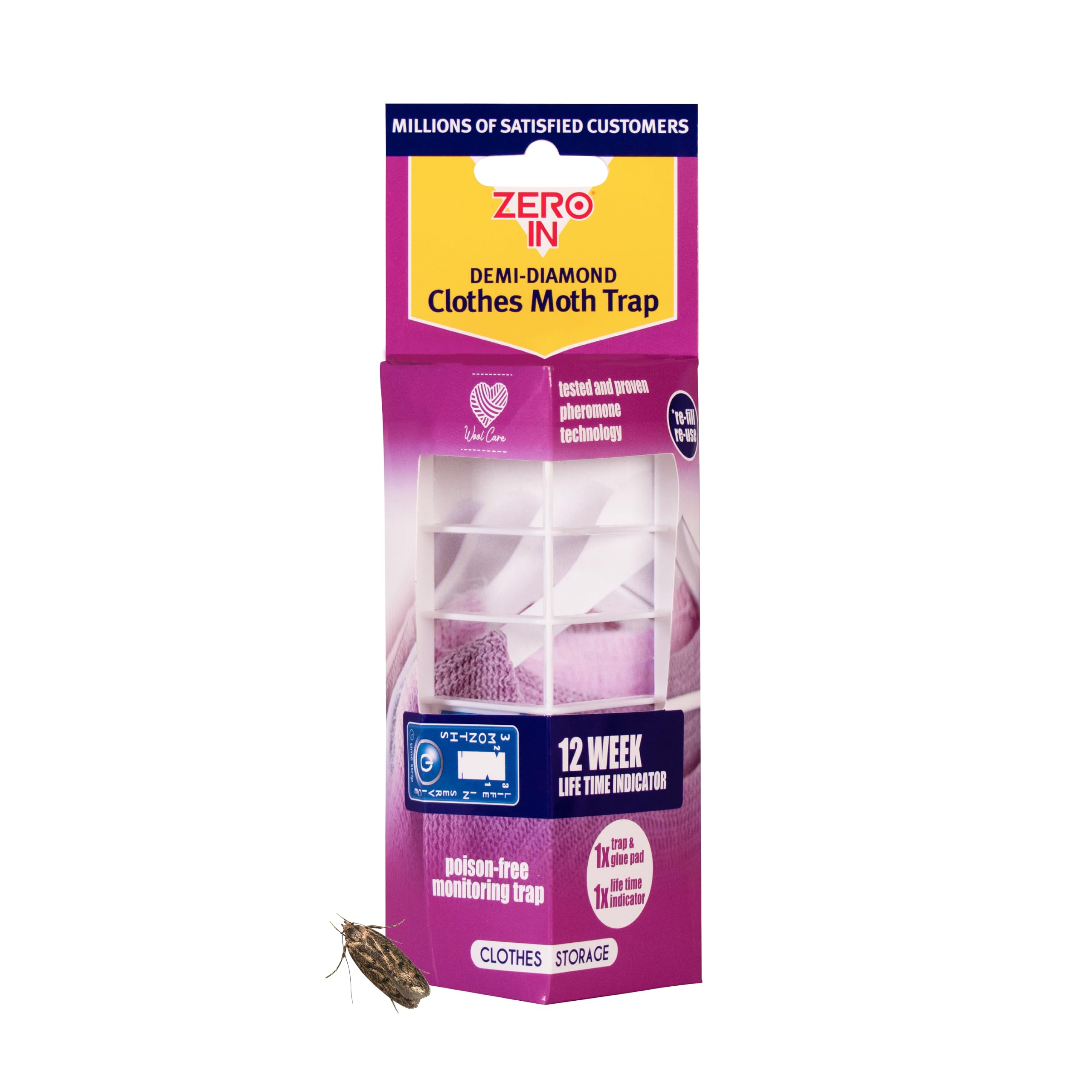 Zero In Demi-Diamond Clothes Moth Killer. Pheromone Technology. Poison-Free. Monitor Infestations. Hang in Wardrobes and Stand in Cupboards and Drawers, white
