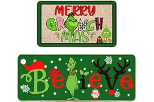 Asija Merry Christmas Kitchen Rugs Set of 2, Believe Grinchmas Winter Kitchen Decoration,Rubber Backing Braid Jute Kitchen Floor Rug Kitchen Doormat Cushioned Rug Mats -17x29 +17x47 Inch