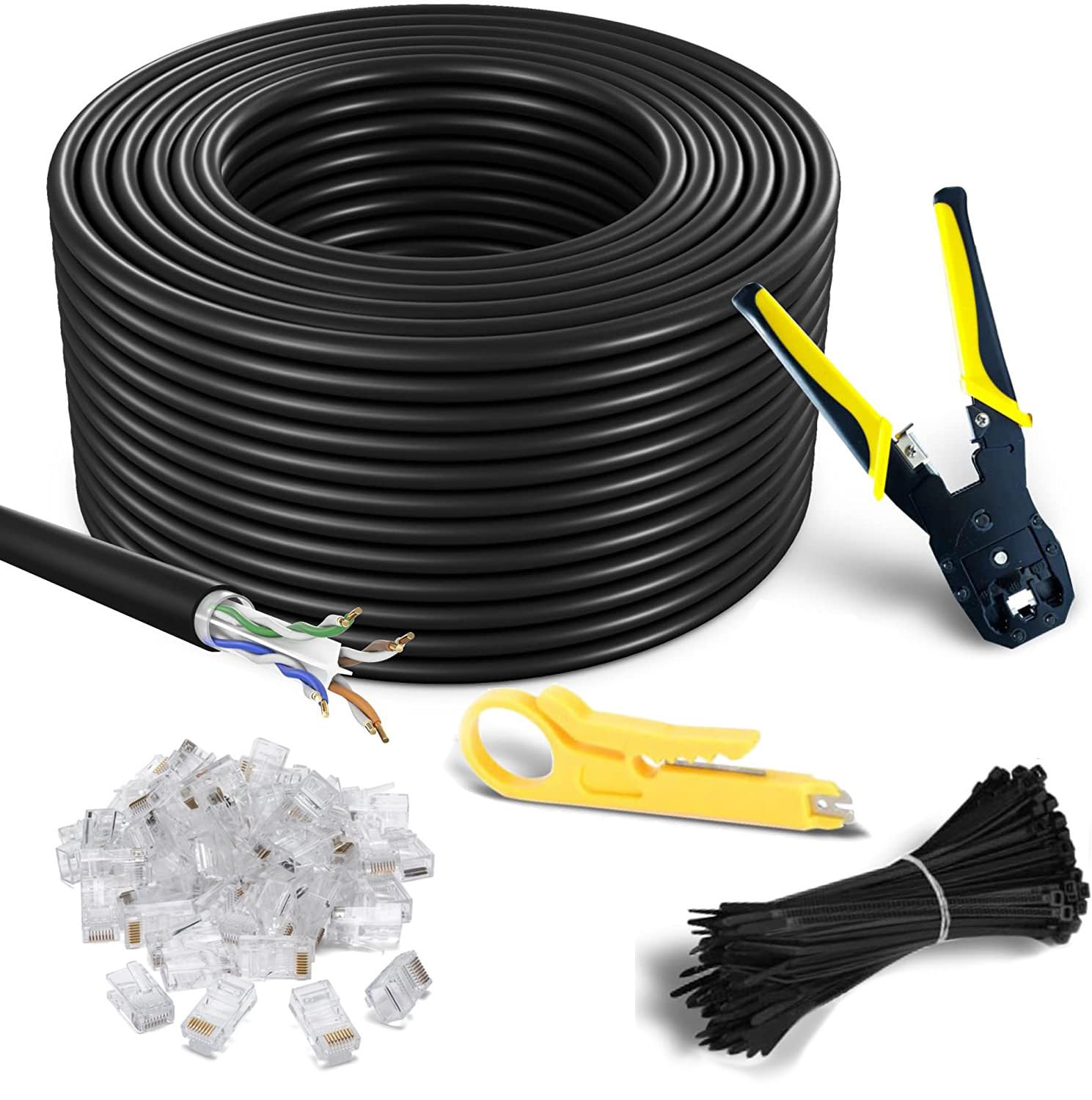 MutecPower 100m CAT6 Outdoor waterproof Direct Burial Ethernet Network Cable - UTP - CCA - 550 Mhz - Black 100 meter with Crimping tool RJ45 connectors and Cable Ties — image 1