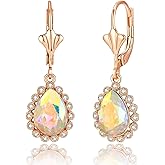 EVEVIC Austrian Crystal Teardrop Leverback Earrings for Women 14K Gold Plated Halo Dangle Drop Earring Jewelry Gifts