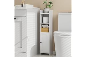Homhedy Small Bathroom Storage Corner Floor Cabinet with Door and Shelves, Beside The Toilet Paper Stand for Skinny, Narrow Toilet Paper Cabinet, 7.9" D x 7.1" W x 31" H, White