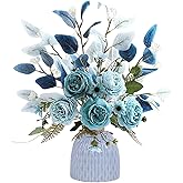 Fake Flowers Artificial Blue Flowers with Vase, Peony Flower suitable for home decoration,Table Centerpieces for Dining Room, Silk Flower Arrangements for Home, Living Room Bathroom Plant Decor (Blue)