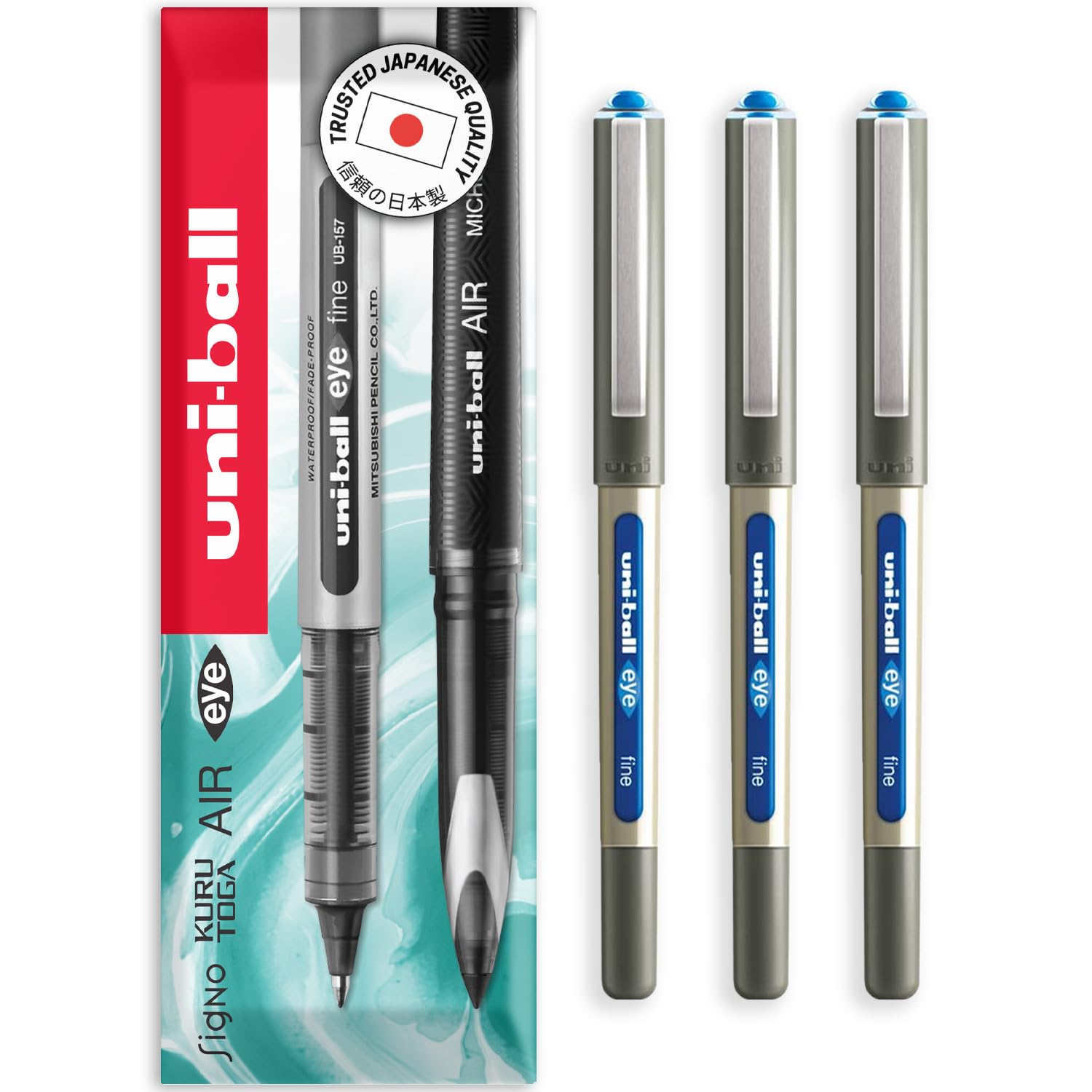 uni-ball EYE - UB-157E Rollerball Pens - 0.7mm Nib - In Envelope Gift Packaging (Pack of 3, Light Blue)