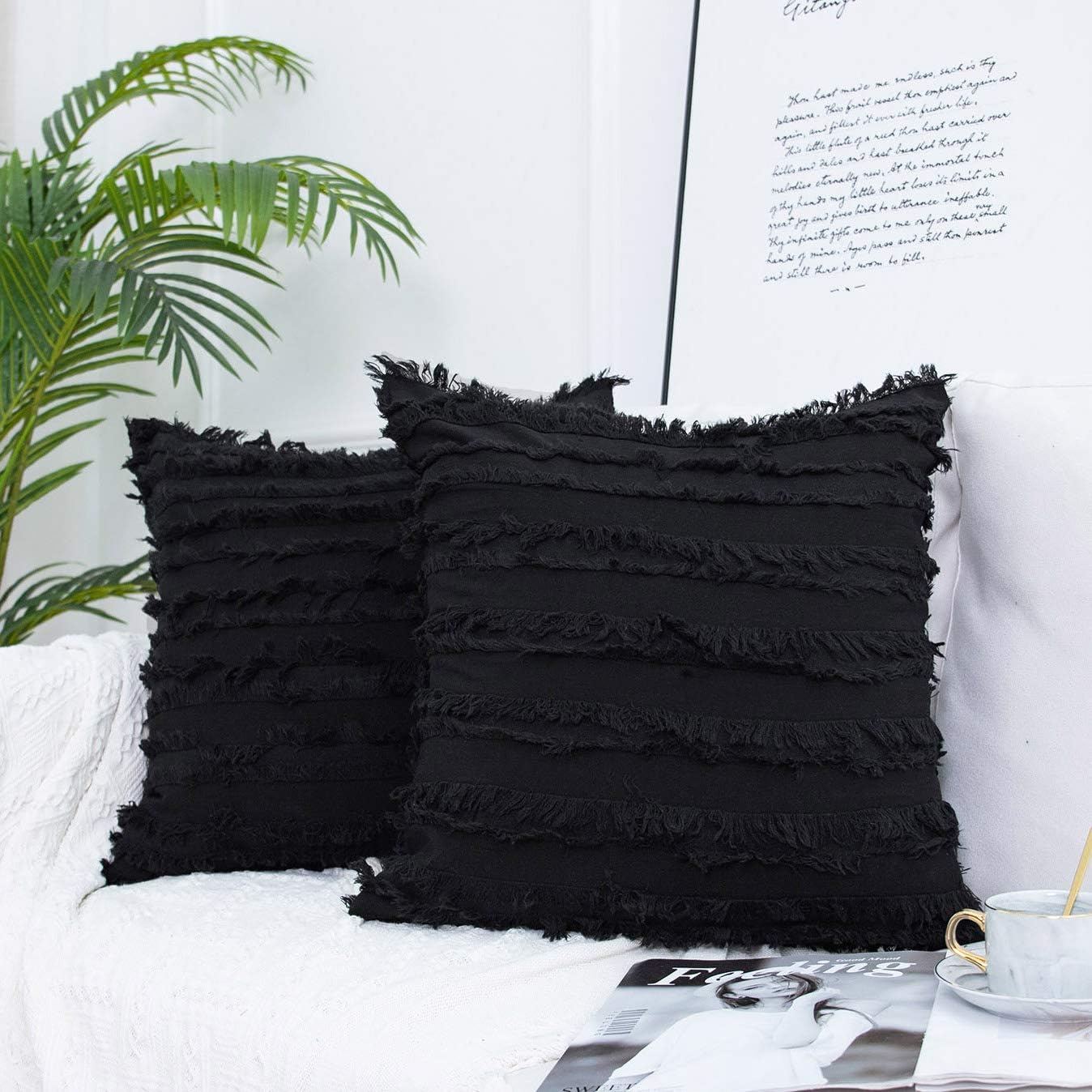 JUSPURBET Farmhouses Pillow Covers with Cotton Linen Tassels Striped,Soft Decorative Throw Cushion Case for Couch Bed Sofa,24x24 Inches,Black