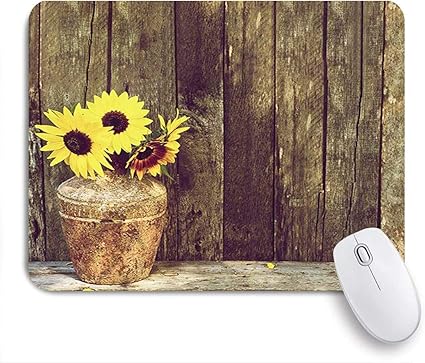 Amazon Guvicinir マウスパッド 個性的 おしゃれ 柔軟 かわいい ゴム製裏面 ゲーミングマウスパッド Pc ノートパソコン オフィス用 デスクマット 滑り止め 耐久性が良い おもしろいパターン 素朴な木製の背景のレトロなアートに対して鍋で秋の野生の黄色いヒマワリ