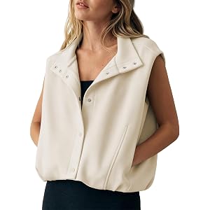 TAQCUX Womens Funnel Neck Vest Casual Bubble Hem Sleeveless Jacket | Daily Athleisure Cropped Coat, Elastic Hem, Snap Button