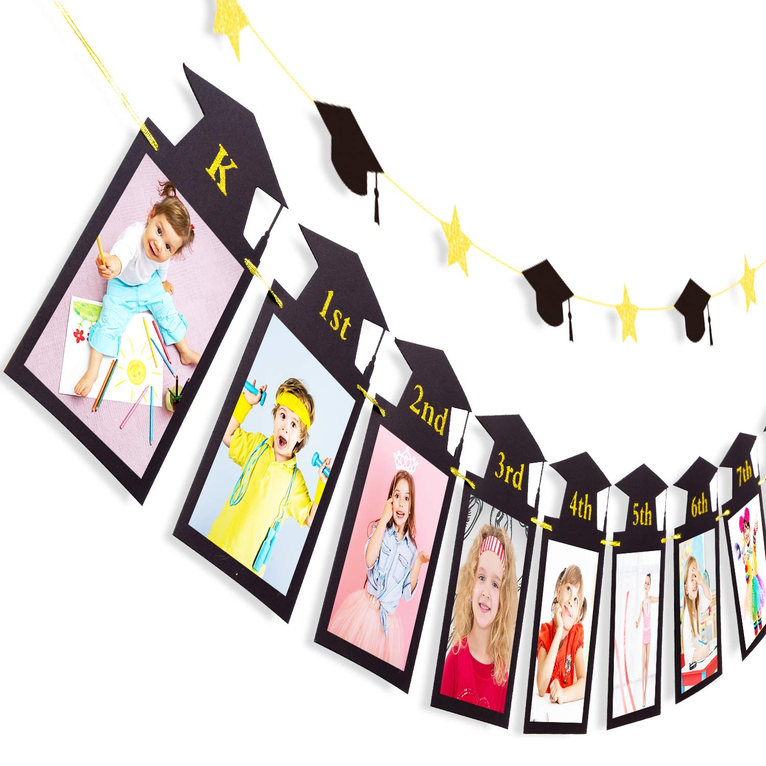 Whaline 2Pcs Graduation Photo Banner, Congrats Grad banner, No DIY Require Hanging Bunting, Kindergarten to 12th Grade Picture Garland, Black Gold Glitter Banner for Grad Party Decor, 5 x 7 inch