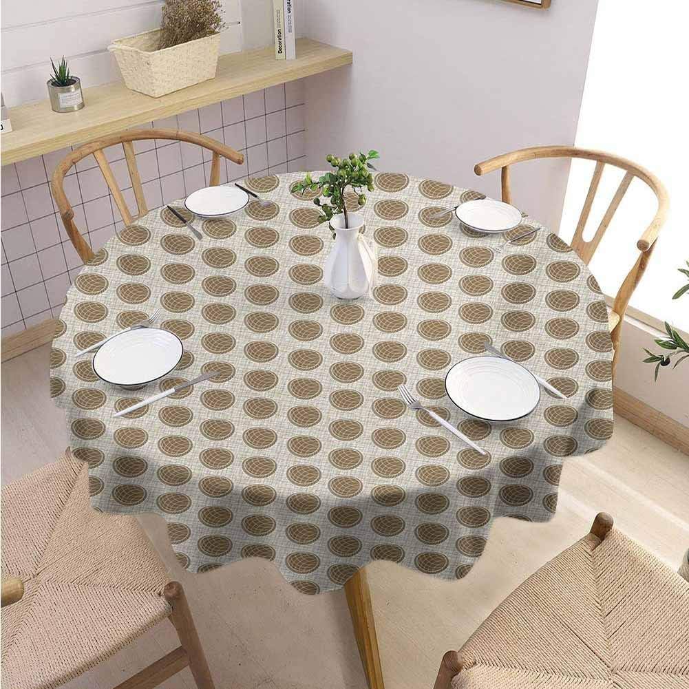 DILITECK Geometric Beach Round Tablecloth Vintage Inspirations Rhombus Pattern in Circular Shapes on Line Background Wrinkle Free Tablecloth Diameter 70" Pale Brown White